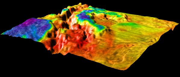 PIA00311: Magellan's Perspective View of Ovda Regio, 0° S, 129° E