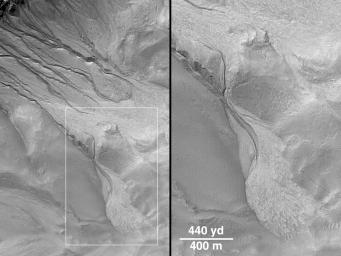 PIA01038: Evidence for Recent Liquid Water on Mars: Channels and Aprons in East Gorgonum Crater