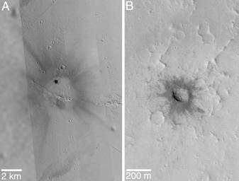 PIA03469: Fresh Impact Crater and Rays in Tharsis