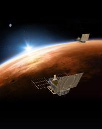 PIA22316: MarCOs, Mars and Earth